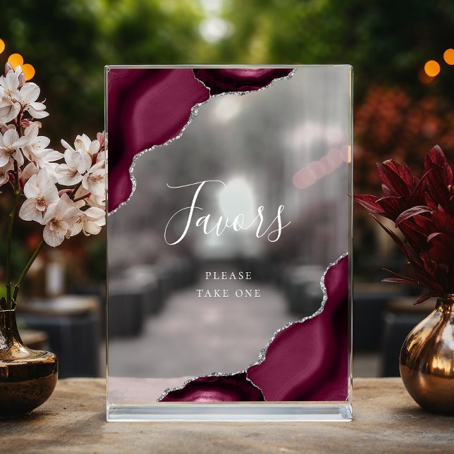 Elegant Burgundy Silver Agate Wedding Favors Acrylic Sign (Creator Uploaded)