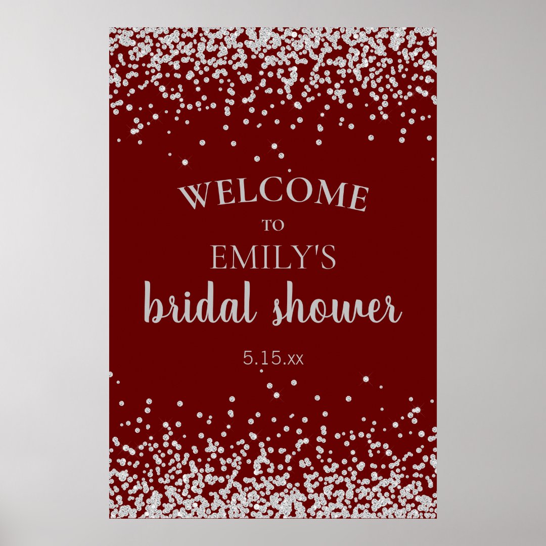 Elegant Burgundy Silver Confetti Bridal Shower Poster Zazzle