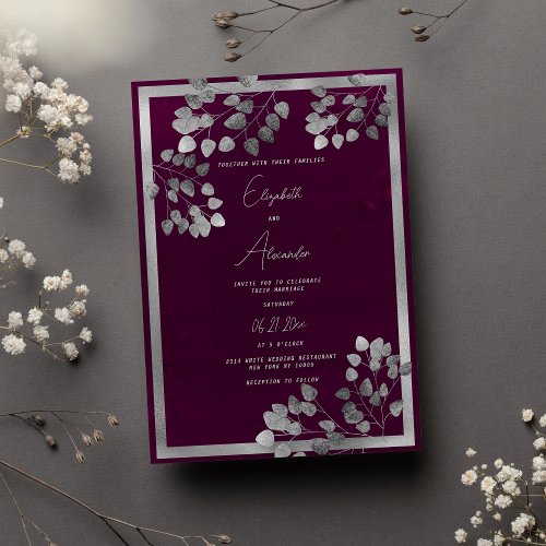 Elegant burgundy silver eucalyptus leaf wedding invitation