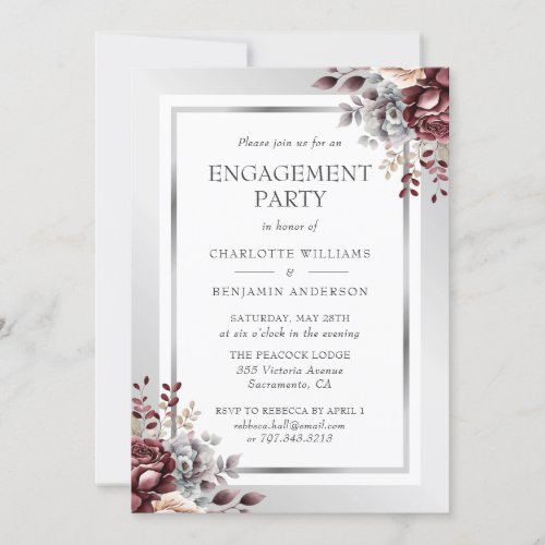 Elegant Burgundy Silver Floral Engagement Party Invitation