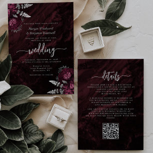 Elegant Burgundy Silver Floral QR Code Wedding Invitation