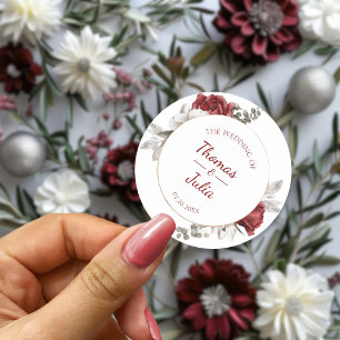 Elegant Burgundy  & Silver Floral Wedding  Classic Round Sticker