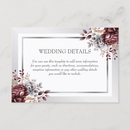 Elegant Burgundy Silver Floral Wedding Details Enclosure Card