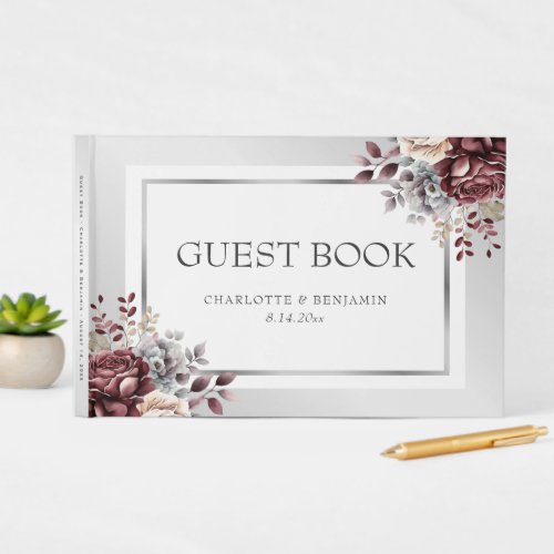 Elegant Burgundy Silver Floral Wedding Guest Book