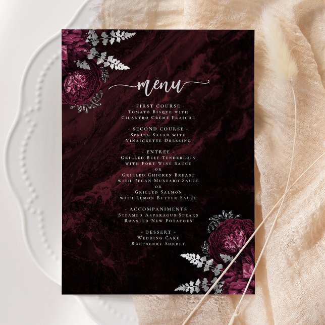 Elegant Burgundy Silver Floral Wedding Invitation (Creator Uploaded)