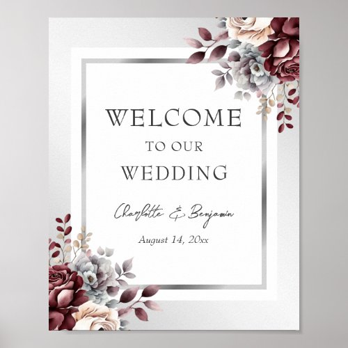 Elegant Burgundy Silver Floral Wedding Sign