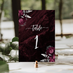 Elegant Burgundy Silver Floral Wedding Table Number