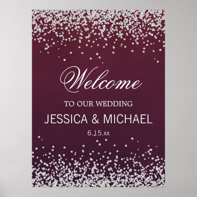 Elegant Burgundy Silver Glitter Wedding Poster (Front)