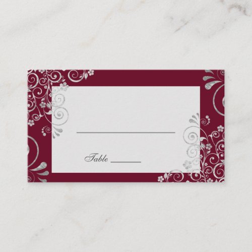 Elegant Burgundy Silver Gray  Swirl Wedding Place Card