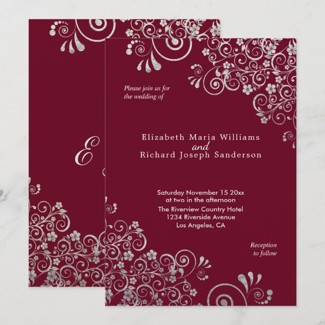 Elegant Burgundy Silver Gray Swirls Wedding Invitation (Front/Back)