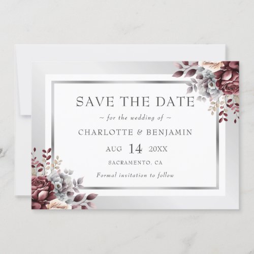 Elegant Burgundy Silver Ivory Floral Wedding Save The Date