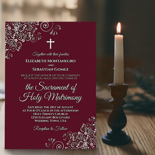 Elegant Burgundy  Silver Modern Catholic Wedding Invitation