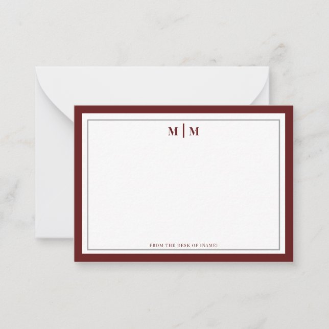 Elegant Burgundy Silver Monogram Professional Note Card (Front)
