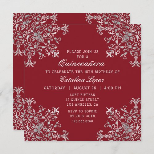 Elegant Burgundy Silver Ornate Floral Quinceaera Invitation