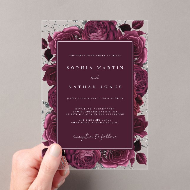 Elegant Burgundy Silver Rose Clear Wedding Acrylic Invitations (Insitu (Handheld))
