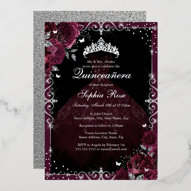 Elegant Burgundy Silver Rose Dress Quinceanera Foil Invitation (Front/Back)