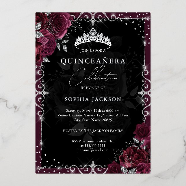 Elegant Burgundy Silver Rose Quinceanera Foil Invitation (Front)