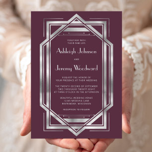 Elegant Burgundy Silver Vintage 1920s Deco Wedding Invitation