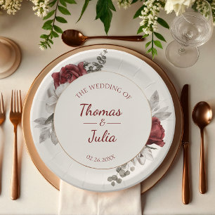 Elegant Burgundy & Silver Watercolor Wedding Paper Plates