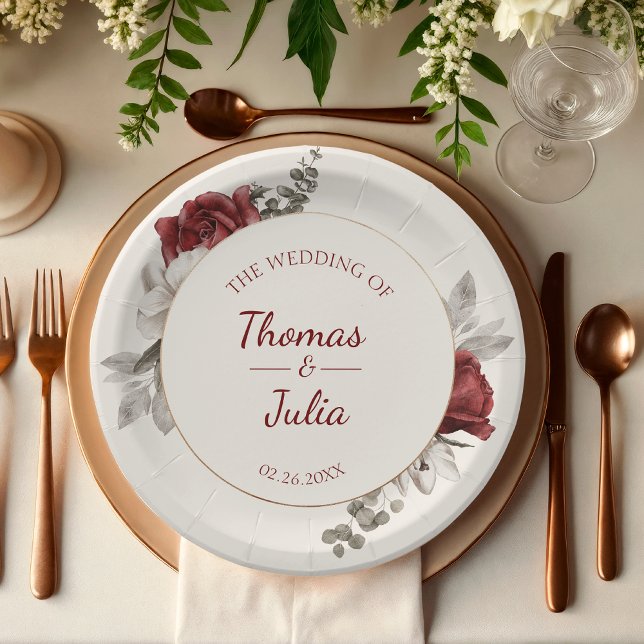 Elegant Burgundy & Silver Watercolor Wedding  Paper Plates (Elegant Burgundy & Silver Watercolor Wedding Paper Plates)