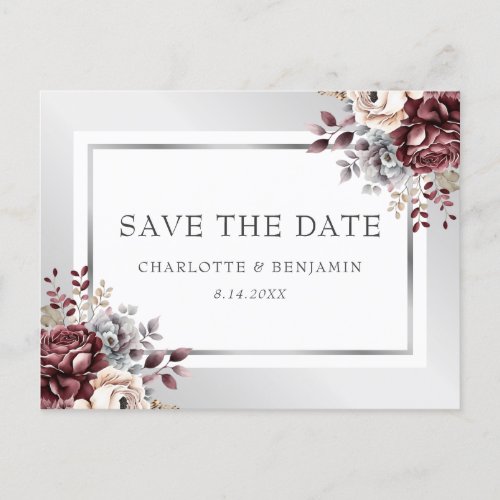 Elegant Burgundy Silver Wedding Save The Date Announcement Postcard