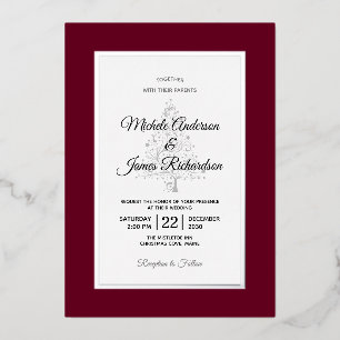 Elegant Burgundy Silver Winter Holiday Wedding Foil Invitation