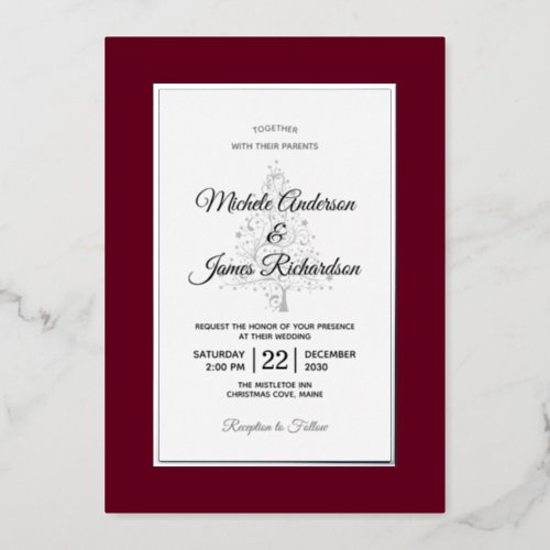 Elegant Burgundy Silver Winter Holiday Wedding Foil Invitation