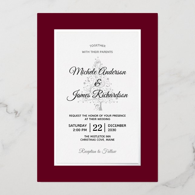 Elegant Burgundy Silver Winter Holiday Wedding Foil Invitation (Front)
