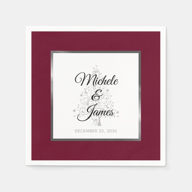 Elegant Burgundy Silver Winter Holiday Wedding Napkins (Front)