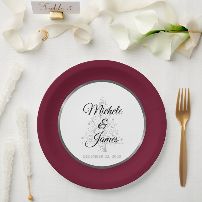 Elegant Burgundy Silver Winter Holiday Wedding Paper Plates (Wedding)