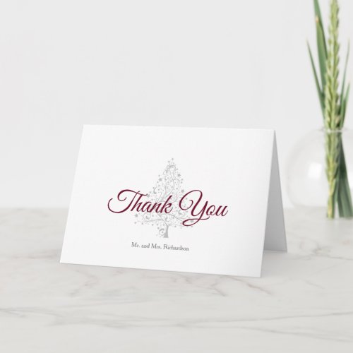 Elegant Burgundy Silver Winter Holiday Wedding Thank You Card