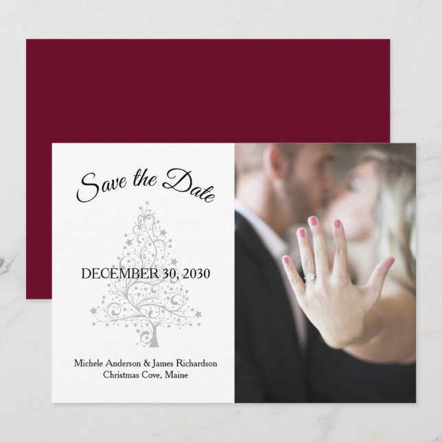 Elegant Burgundy Silver Winter Wedding Photo Save The Date (Front/Back)