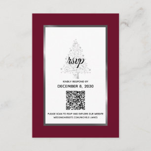 Elegant Burgundy Silver Winter Wedding QR Code RSVP Card