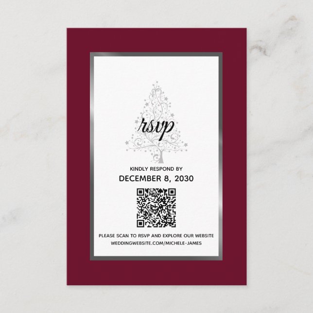 Elegant Burgundy Silver Winter Wedding QR Code RSVP Card (Front)