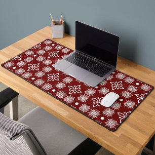 Elegant Burgundy Snowflake Damask Floral Desk Mat