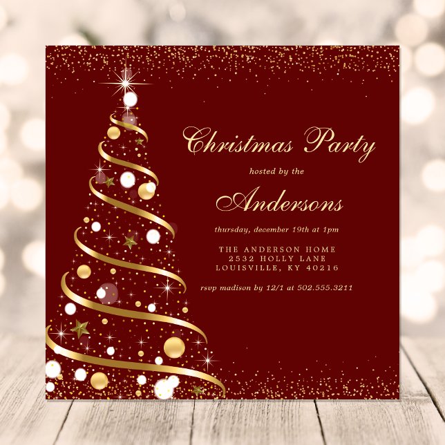Elegant Burgundy Sparkle Christmas Tree Party Invitation (Creator Uploaded)