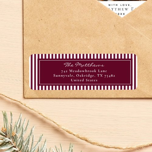 Elegant Burgundy Stripes Christmas Address Return Label