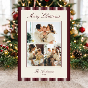 Elegant Burgundy Stripes Christmas Photo Collage Holiday Card