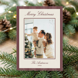 Elegant Burgundy Stripes Christmas Photo Holiday Card