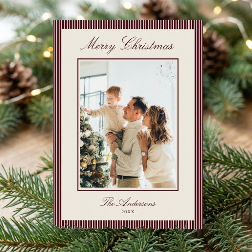 Elegant Burgundy Stripes Christmas Photo Holiday Card
