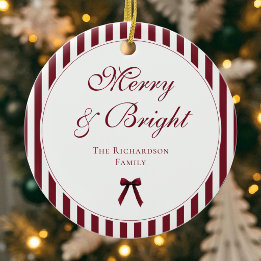Elegant Burgundy Stripes Family Keepsake Christmas Ceramic Ornament