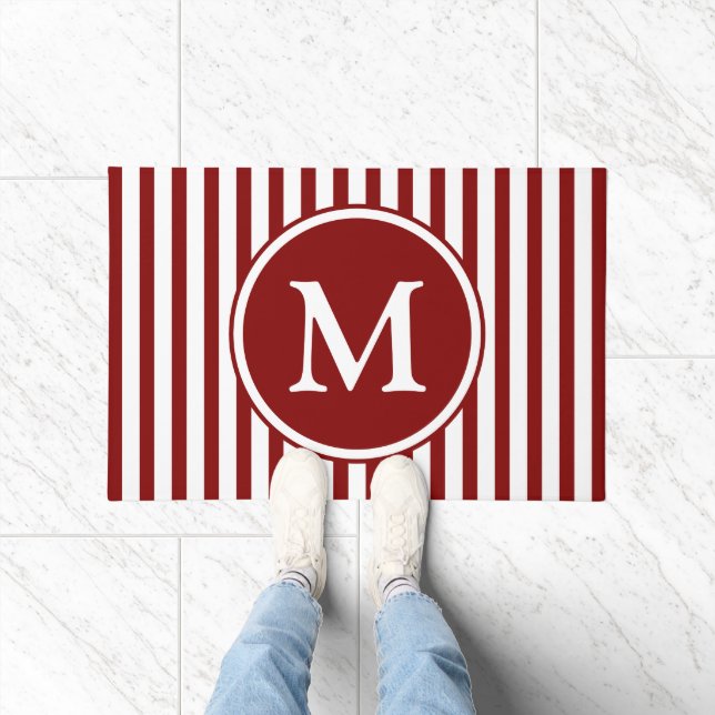 Elegant Burgundy Stripes Monogram Doormat (Indoor)