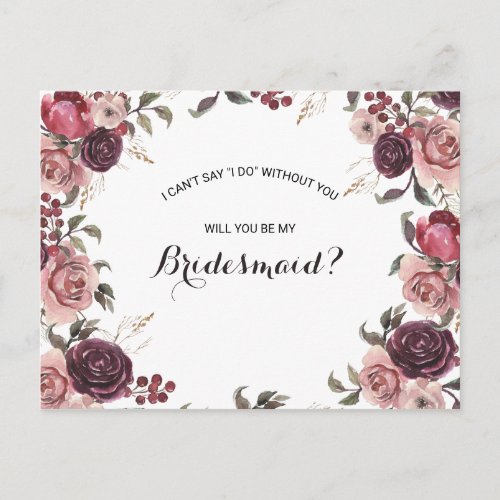 Elegant Burgundy Summer Floral Bridesmaid Invitation Postcard