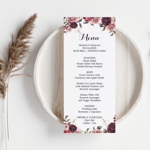 Elegant Burgundy Summer Floral Dinner Menu Card