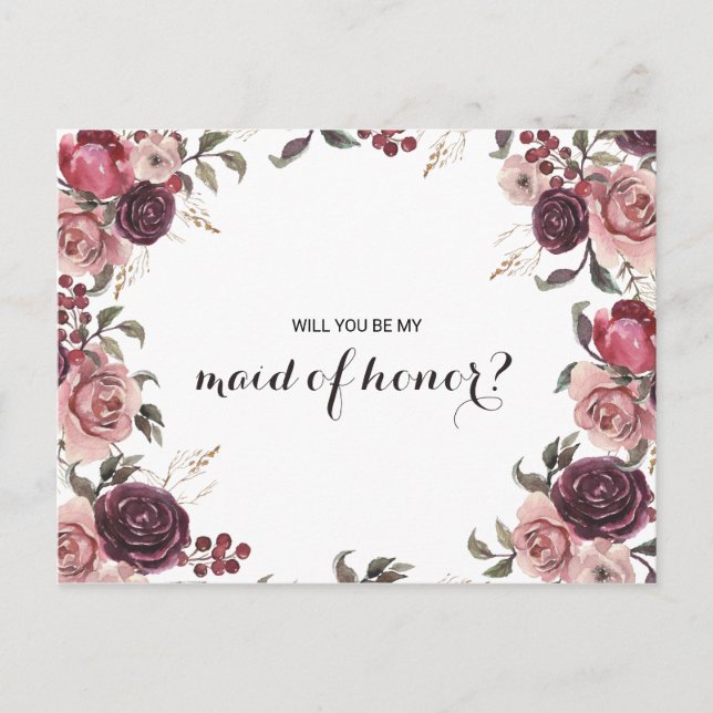 Elegant Burgundy Summer Floral Maid of Honor Invitation Postcard (Front)