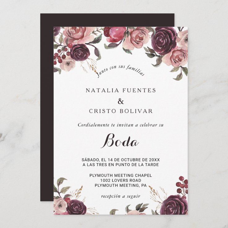 Elegant Burgundy Summer Floral Spanish Wedding Invitation | Zazzle