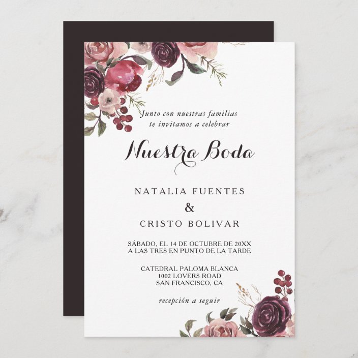 Elegant Burgundy Summer Floral Spanish Wedding Invitation | Zazzle