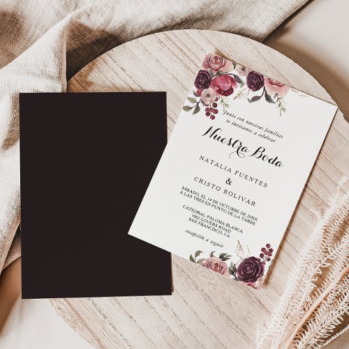 Elegant Burgundy Summer Floral Spanish Wedding Invitation