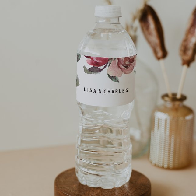 Elegant Burgundy Summer Floral Water Bottle Label (Creator Uploaded)