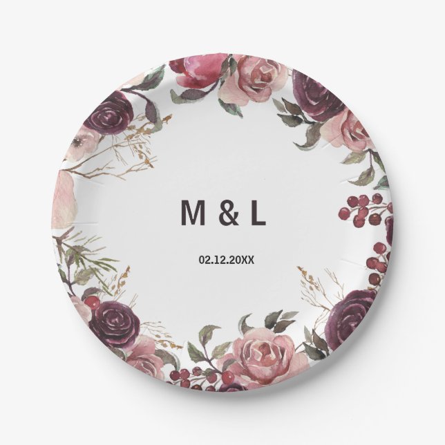 Elegant Burgundy Summer Floral Wedding Paper Plates (Front)